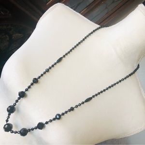 Vintage faceted jet black glass crystal hand knotted necklace